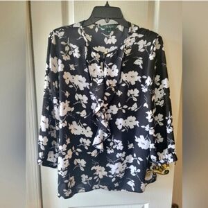 Lauren Ralph Lauren Black White Floral Ruffle Blouse Gold Button Office Large